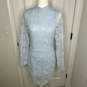Light Blue Lace Midi Dress with Long Sleeves